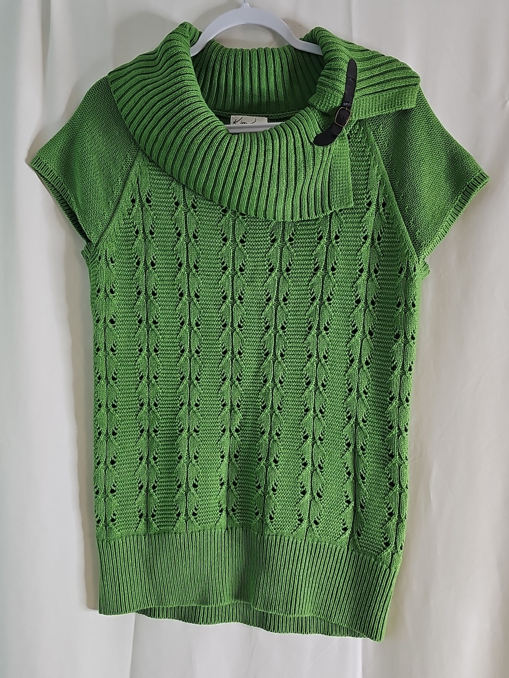 Kim Rogers Green Short-Sleeve Cable Knit Sweater with Fold-Over Collar
